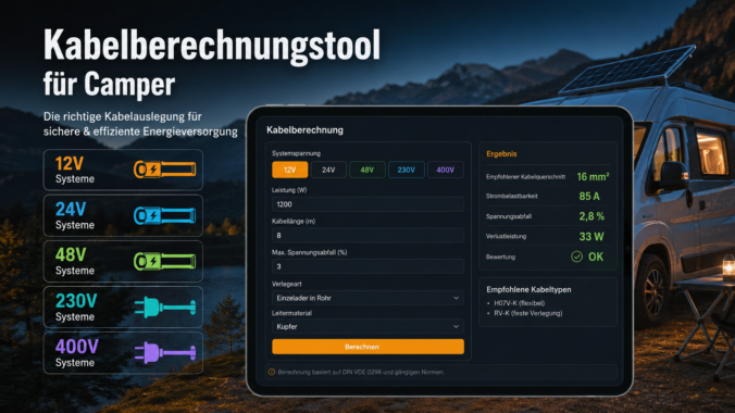 Beispielbild für das Kabelberechnungstool. Bild ist KI erstellt und zeigt verschiedene Spannungssyteme und ein Berechnungstool